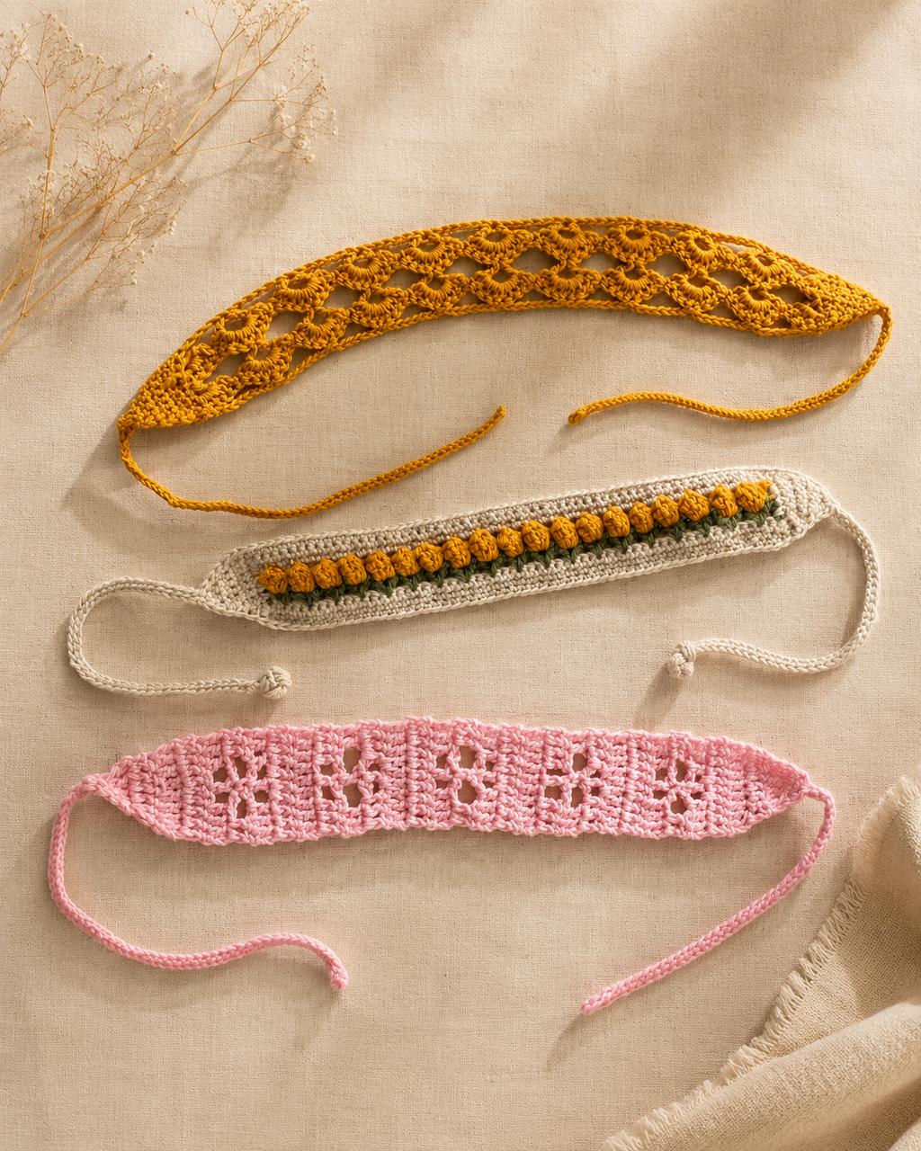 Mustard Ivory Pink Headbands- Pack of 3