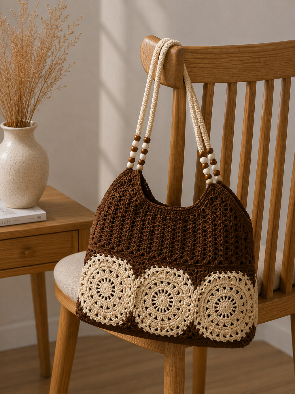 Mocha Ivory Crochet Tote Bag