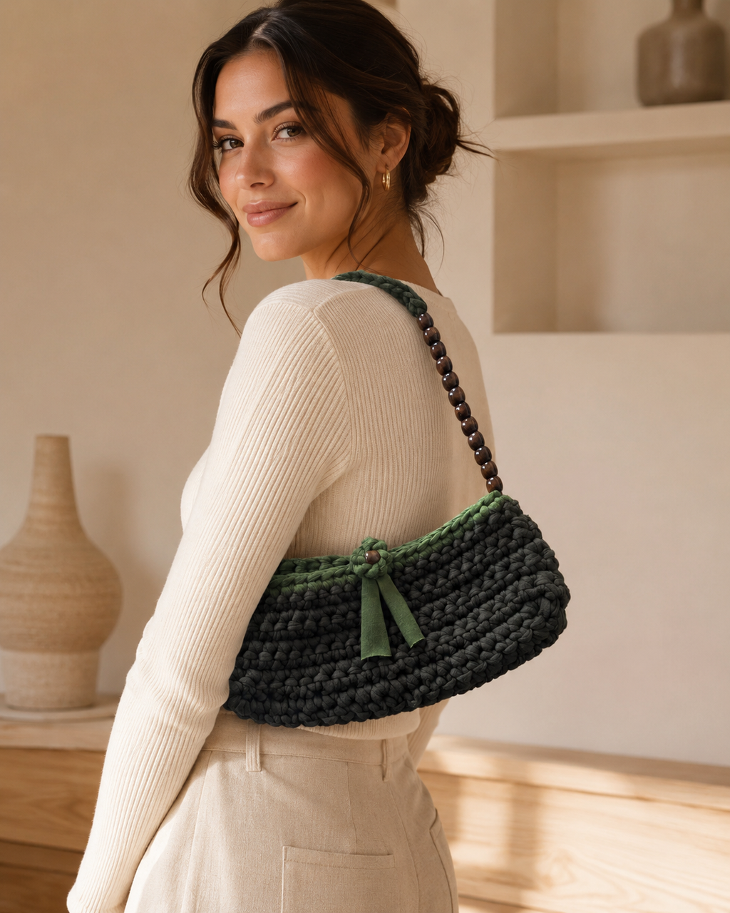 Olive Bead Handmade Crochet Shoulder Bag