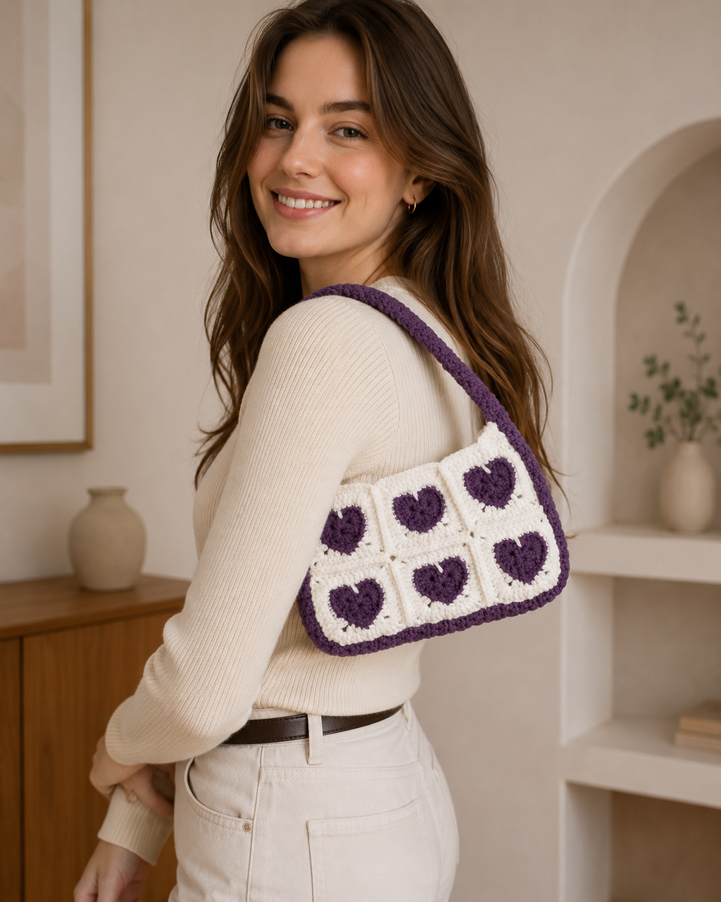 Purple Heart Crochet Shoulder Bag