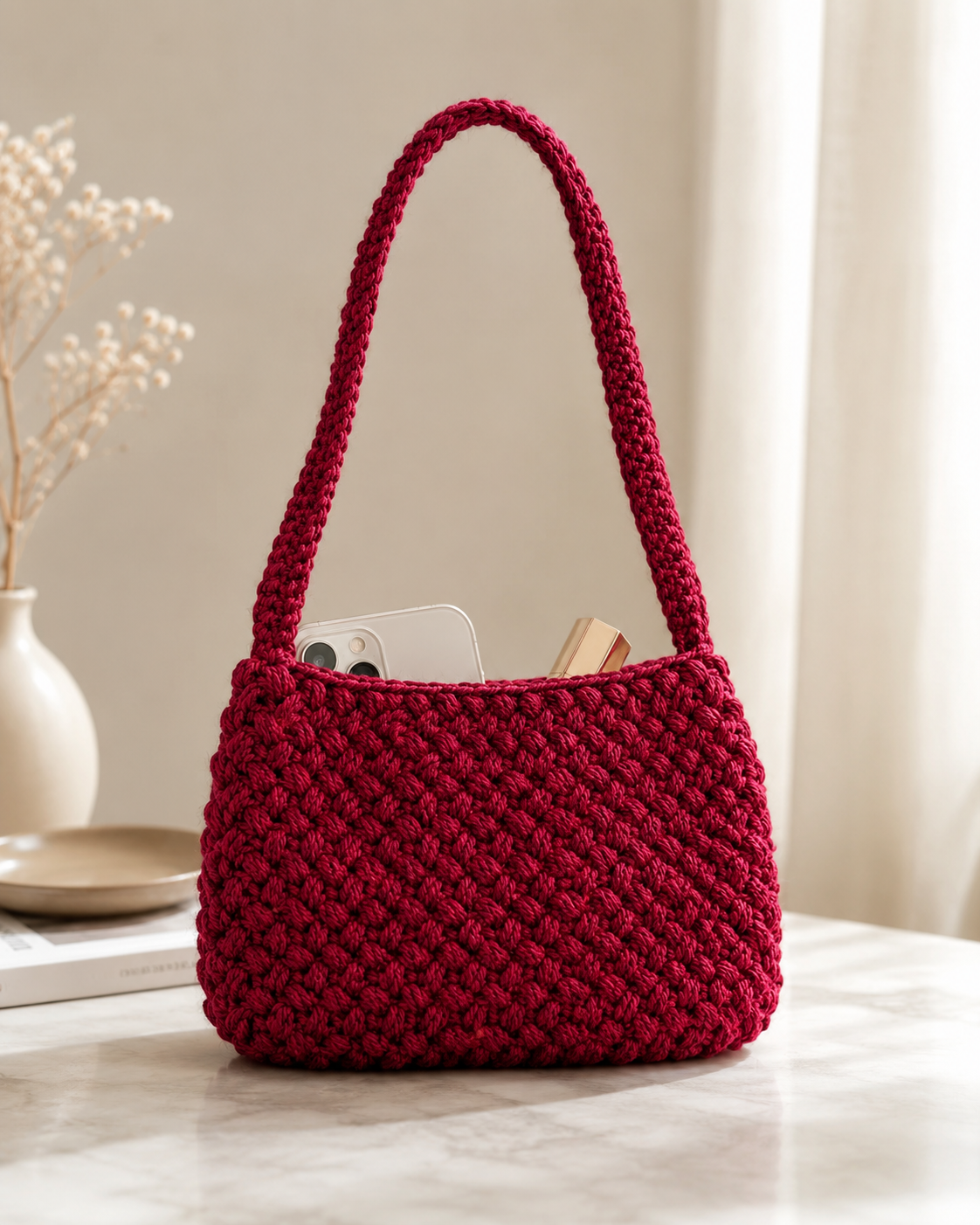 Crimson Charm Crochet Shoulder Bag