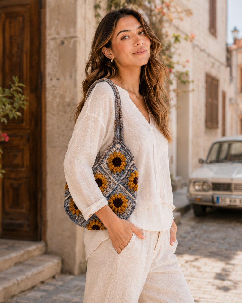 Sunflower Meadow Crochet Tote Bag